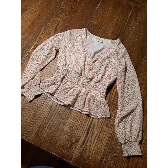 Japna Tops - JAPNA Women's Medium V-Neck Floral Ruffle Hem Blouse Sheer Sleeves Pullover Boho